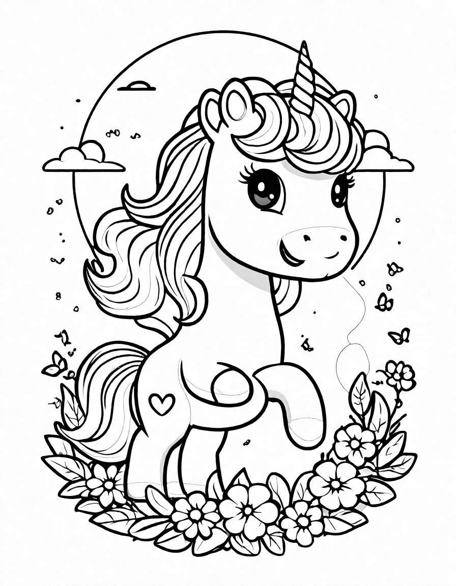 Coloring book image of majestic unicorns in a vibrant flower meadow at dawn, with butterflies fluttering around in black and white