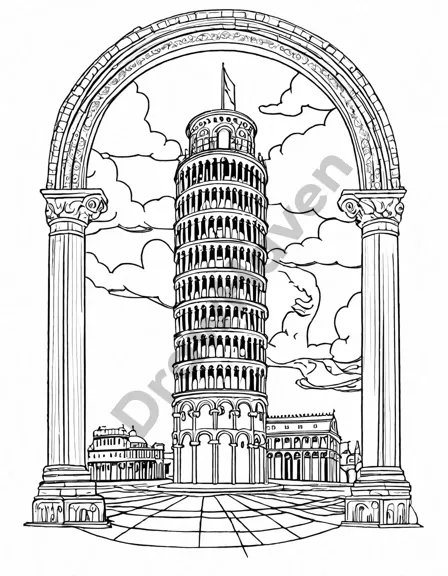 detailed coloring book page of the iconic leaning tower of pisa, featuring its arched windows and majestic columns in black and white