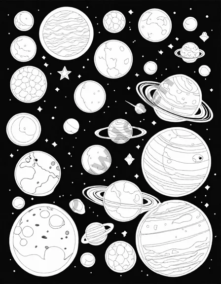 intricate coloring page featuring dwarf planets ceres, pluto, eris, makemake, and haumea in black and white