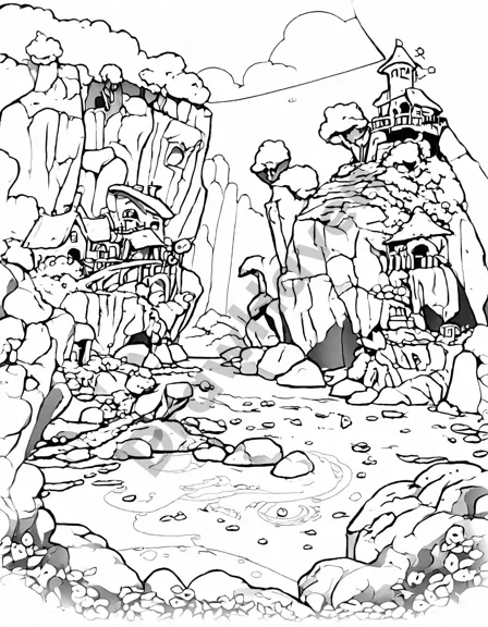 coloring page of a person exploring rocky coastal caves filled with sea life in black and white