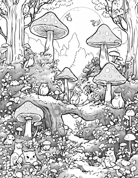 enchanted forest coloring page with mystical creatures, fairies, unicorns, owls, and vibrant trees in black and white
