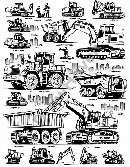 coloring page featuring blueprint transitioning into construction site with labeled vehicles in black and white