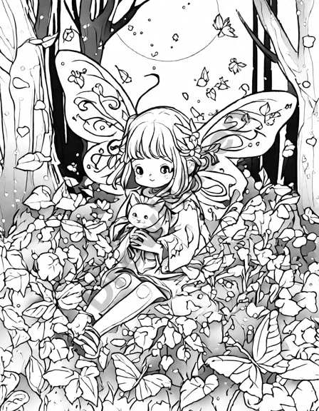Coloring book image of fairies with diverse, intricate wings dance under a starlit sky in a magical forest scene with lanterns and orbs of light in black and white