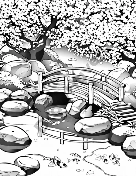 Coloring book image of wooden bridge over koi pond in a serene japanese zen garden with cherry blossoms in black and white