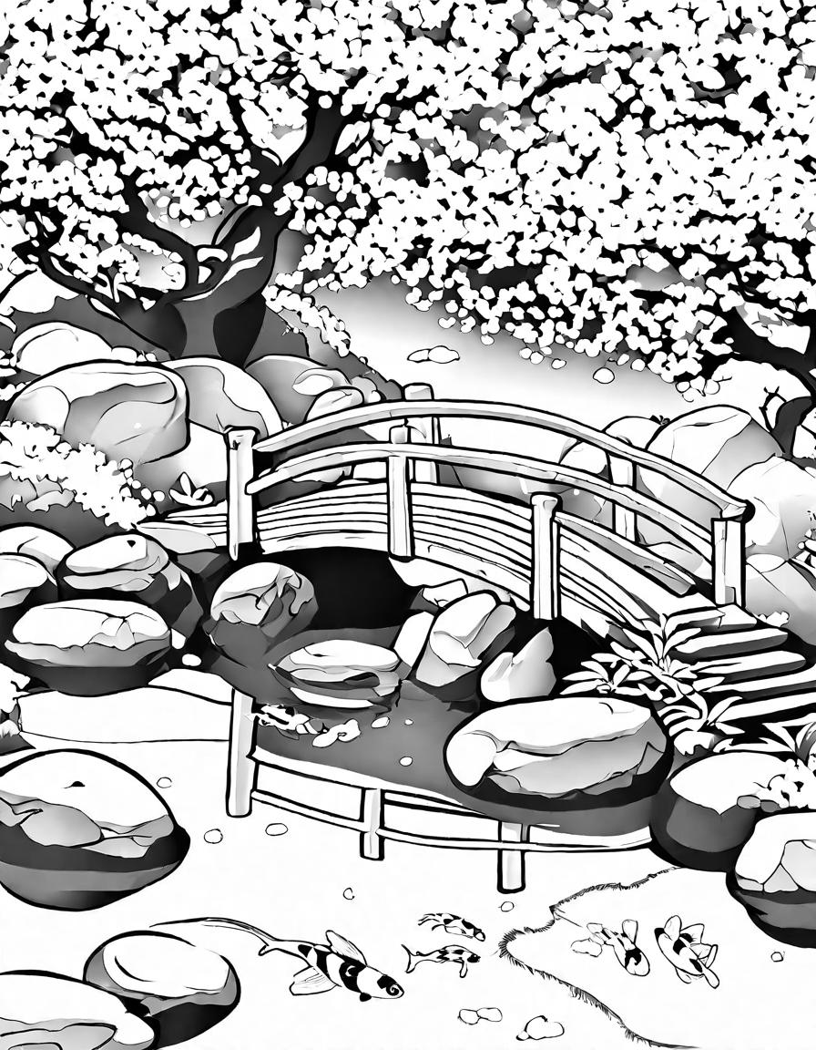 Coloring book image of wooden bridge over koi pond in a serene japanese zen garden with cherry blossoms in black and white
