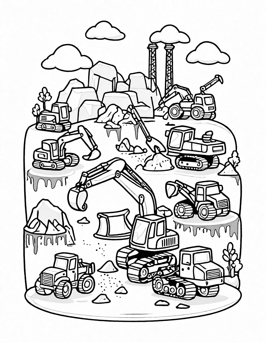 coloring page of construction site with excavators and trucks for children to color in black and white