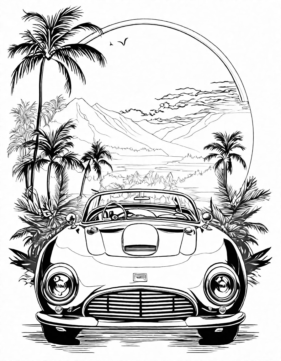 Coloring book image of classic car lineup showcases restored vintage automobiles in stunning detail in black and white