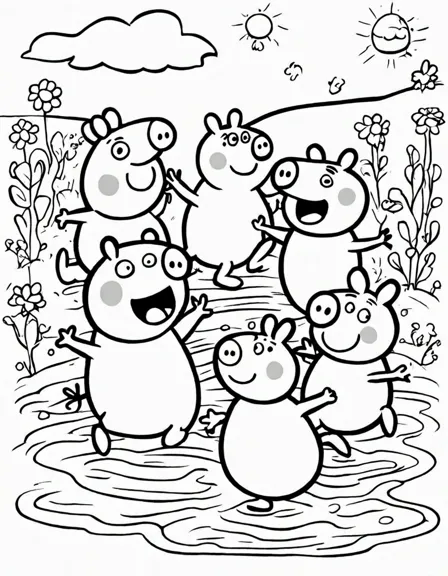 muddy peppa pig coloring page with playful characters splashing in puddles in black and white