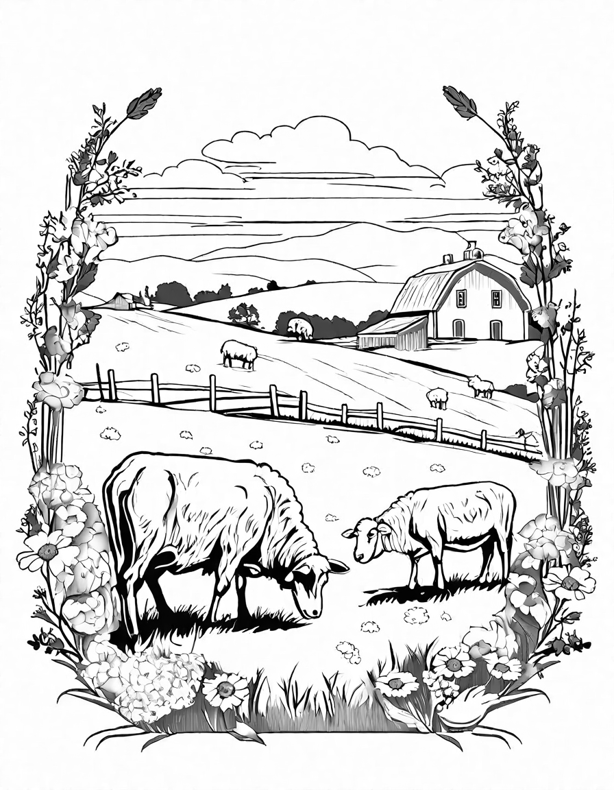 Coloring book image of rolling hills, grazing sheep and cows, and a quaint farmhouse in a tranquil countryside in black and white