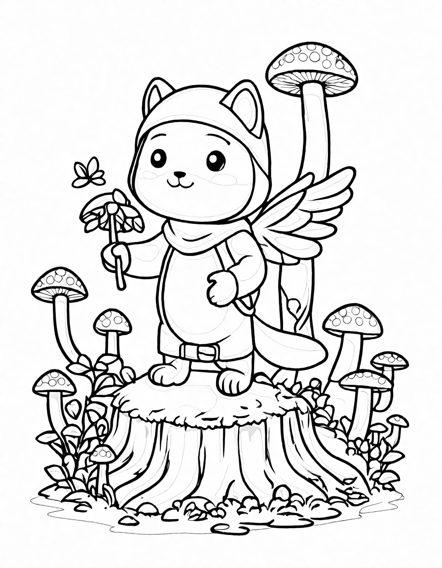 coloring book page of elf guardians in an enchanted forest with detailed flora and fauna in black and white