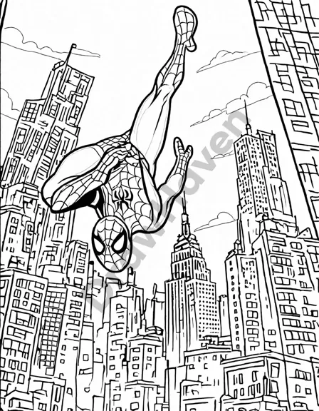 coloring book page of spiderman swinging across new york city skyline, leaving a trail of spider webs in black and white