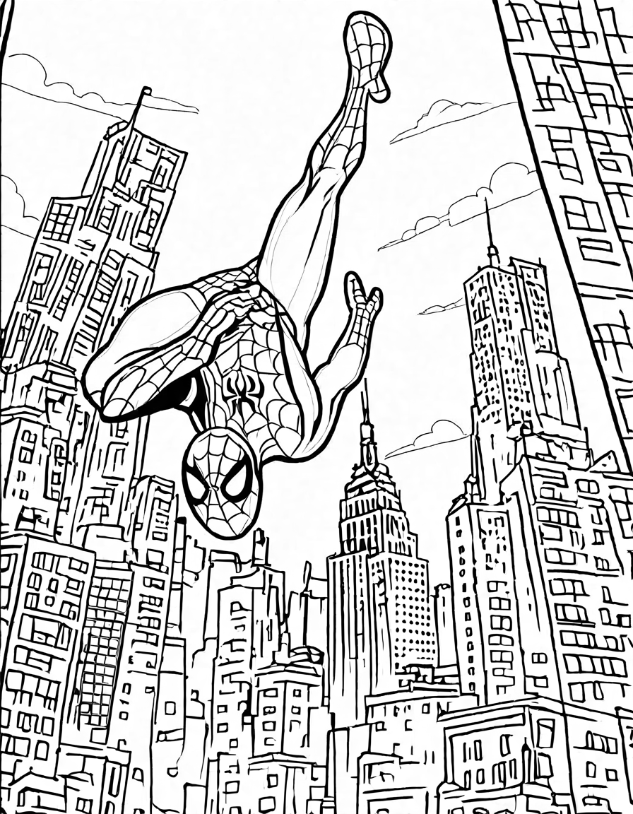 coloring book page of spiderman swinging across new york city skyline, leaving a trail of spider webs in black and white