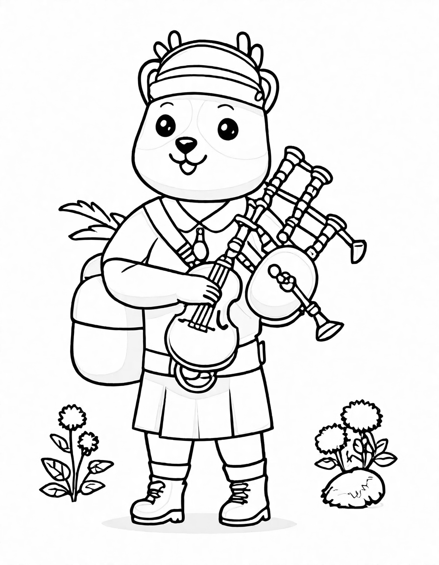 coloring page of scottish bagpipes with a highland landscape background, inviting vibrant coloring in black and white
