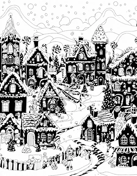 coloring page featuring a gingerbread village with candy landscapes and gingerbread families in black and white