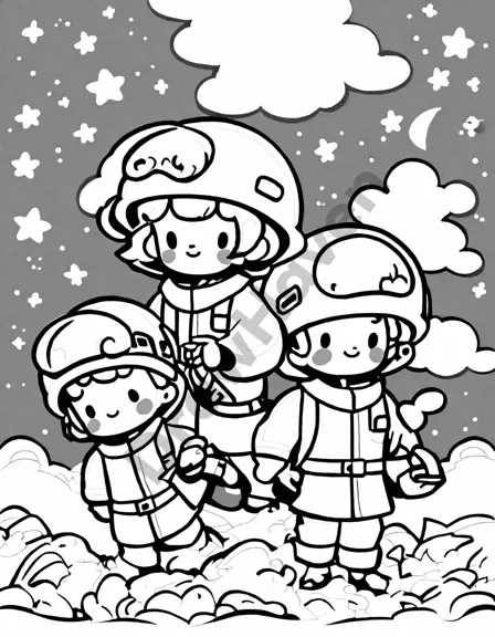 coloring page of firefighters battling a blaze under a starry, moonlit sky in black and white