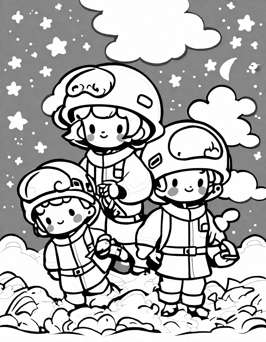 coloring page of firefighters battling a blaze under a starry, moonlit sky in black and white
