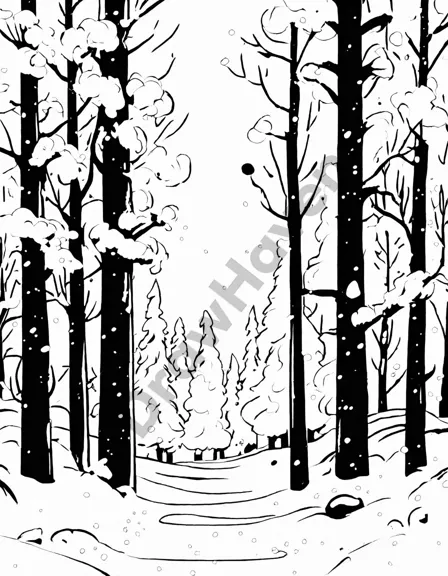 snow-laden forest coloring page with towering trees in serene winter wonderland in black and white