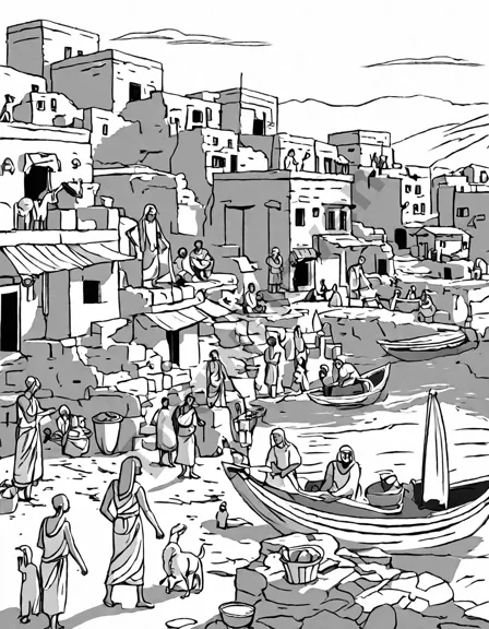 coloring page featuring ancient egyptian village life, with farmers, fishermen, and artisans in black and white