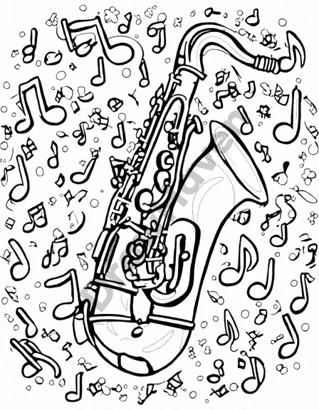 enchanting saxophone solo coloring page with intricate curves and shimmering bell, capturing the energy of live jazz in black and white