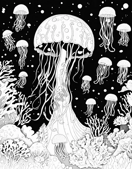 whimsical coloring book page featuring an array of jellyfish with unique patterns and vibrant colors in an enchanting underwater setting in black and white