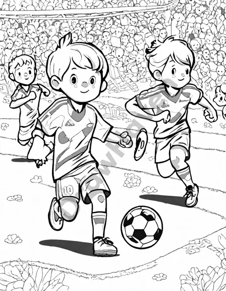 coloring page of soccer players passing the ball with an excited audience in the background in black and white