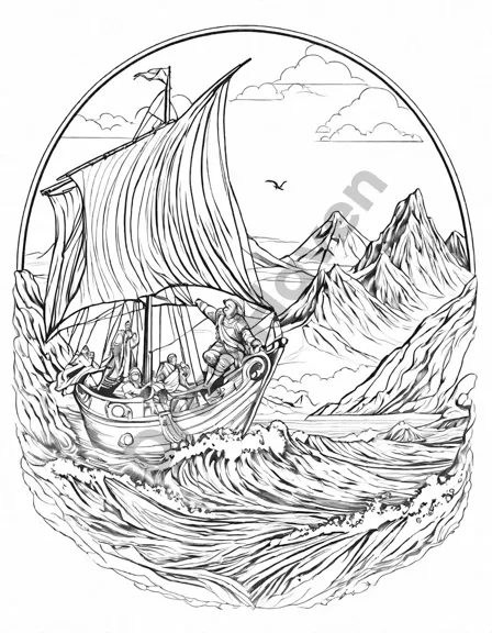 viking longship discovering new land, with detailed scenery in a coloring book scene in black and white