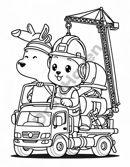 coloring page of a concrete mixer truck working at a construction site with workers and cranes in black and white