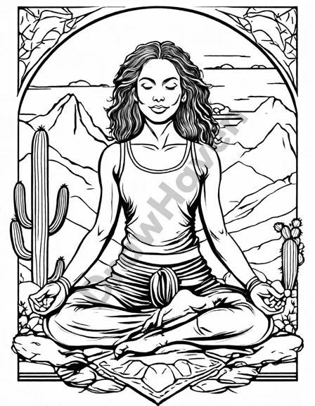yoga journey through the desert coloring book illustration: a lone yogi in warrior ii pose in a desert landscape under a setting sun in black and white