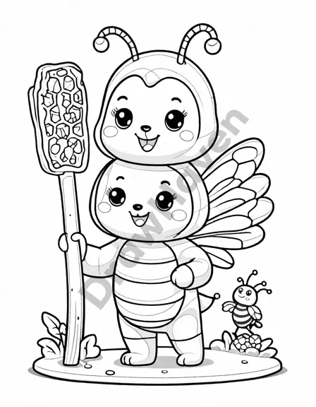 coloring page of honeycomb hideaway in candy land with cinnamon trees, powdered sugar ground, and friendly bees in black and white