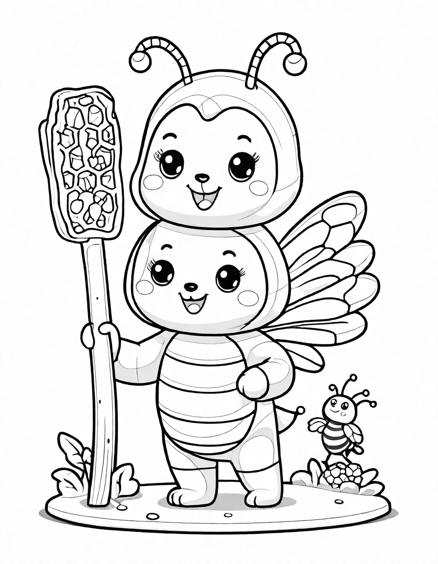 coloring page of honeycomb hideaway in candy land with cinnamon trees, powdered sugar ground, and friendly bees in black and white