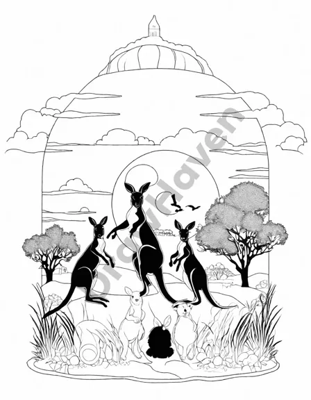 Coloring book image of family of kangaroos hopping in the australian outback at sunset with a joey in pouch in black and white