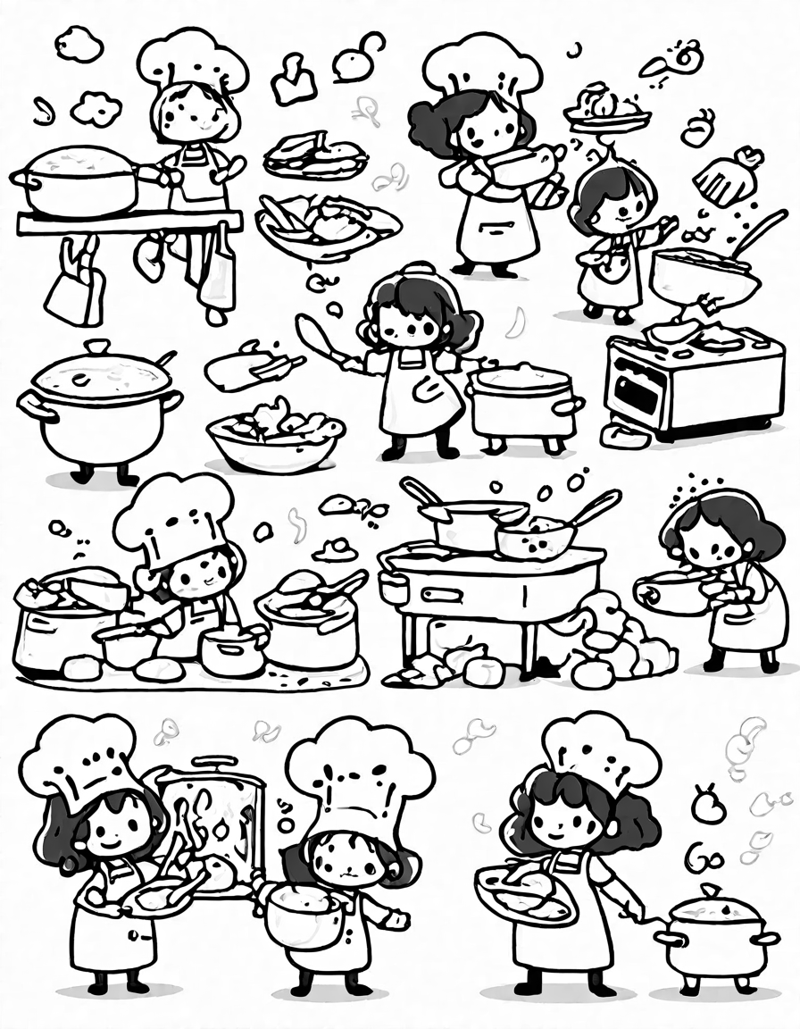 coloring page of chef's ultimate cooking challenge in a busy kitchen with a master chef, sous-chefs, and cooking tools in black and white