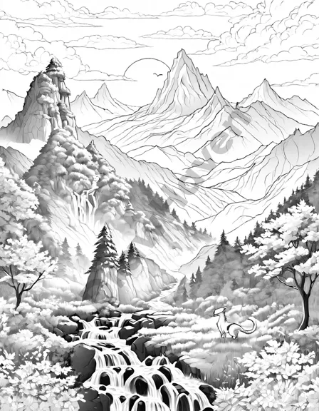 coloring page of friendly dragons waking at dawn in a serene valley, suitable for fantasy lovers in black and white