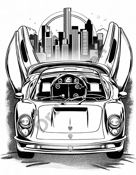 iconic sports car coloring page featuring ferrari testarossa, porsche 911 speedster, and more in black and white