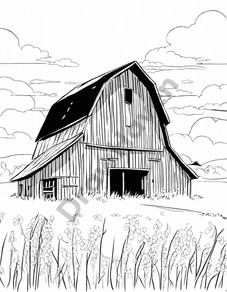 Coloring book image of rustic barn nestled amidst sprawling hayfields under tranquil pastel skies in black and white
