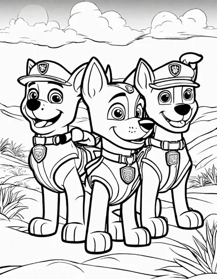 Coloring book image of paw patrol pups embark on an adventure in the desert, navigating sandstorms and rescuing stranded pups in black and white