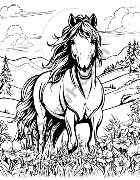 coloring page of a happy horse grazing in a sunny meadow with wildflowers in black and white