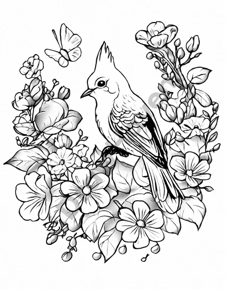 vibrant coloring page showcasing hummingbirds, cardinals, and a curious squirrel amidst blooming flowers and lush foliage in black and white