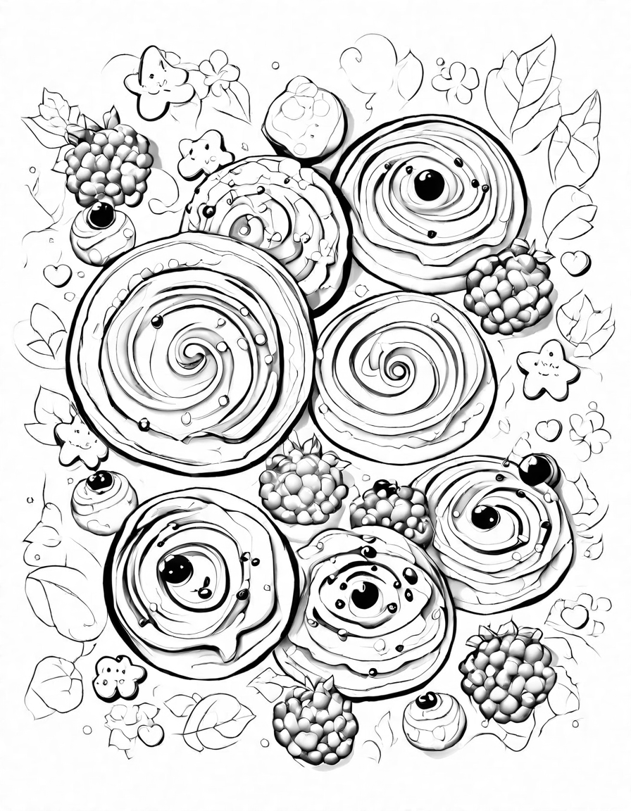 enchanting coloring page of sugary biscuit wonderland with delicate swirls, sprinkles, and vibrant berries in black and white