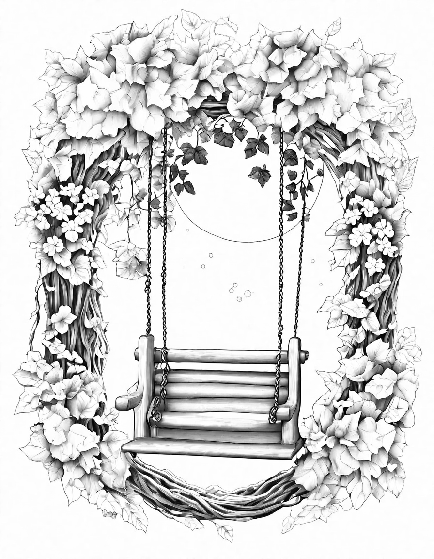 Coloring book image of old wooden swing wrapped in ivy in a tranquil garden setting in black and white