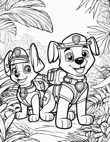 paw patrol's tracker embarks on a jungle adventure coloring page featuring exotic flora, hidden animals, and the rainforest's secrets in black and white