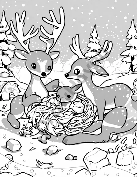 Coloring book image of resilient deer braving winter storm, squirrels huddled together for warmth in cozy nests in black and white