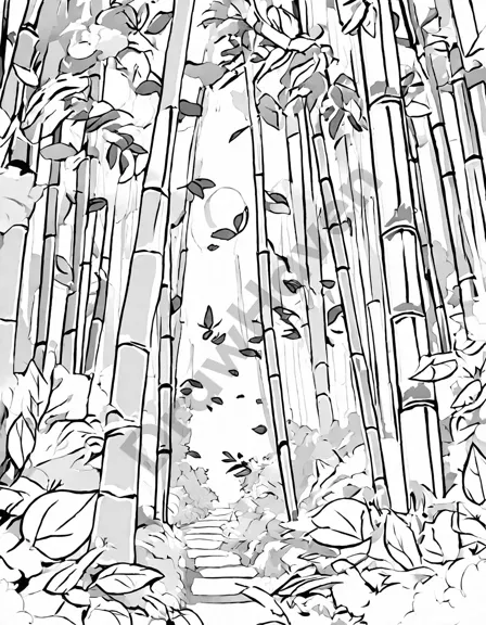 bamboo forest sanctuary coloring page with intricate shadows and fallen leaves in black and white