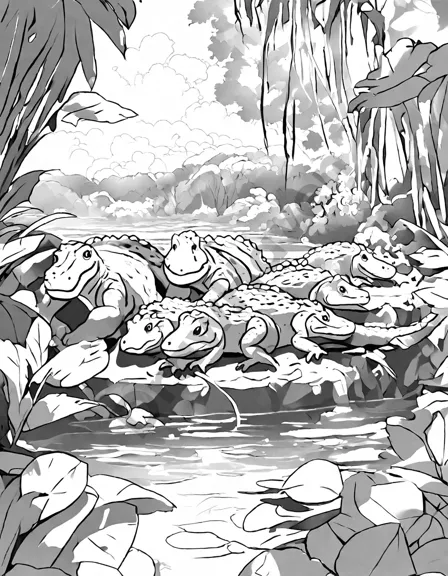 jungle safari coloring book scene of crocodiles sunbathing on a riverbank with lush foliage in black and white