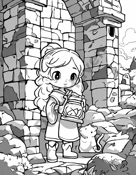 princess exploring ancient dungeon beneath castle with a lantern in a coloring book scene in black and white