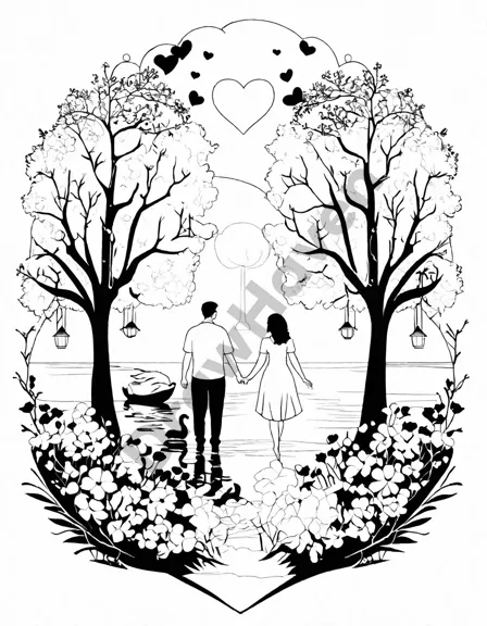 Coloring book image of couple walking hand in hand through the romantic park of love with heart-shaped trees and swans in black and white