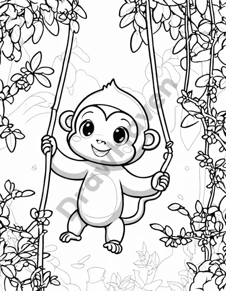 coloring page of playful monkeys swinging through the jungle, celebrating family and adventure in black and white