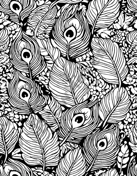 mesmerizing art nouveau peacock feathers coloring page featuring intricate lines and vibrant hues in black and white