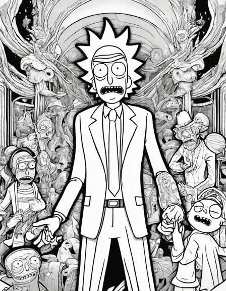 surreal rick and morty coloring book page featuring council of ricks in clandestine meeting in black and white