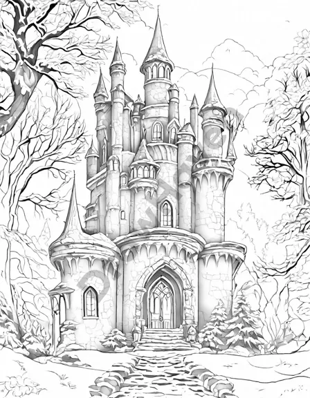 enchanted winter's majestic castle coloring scene with imposing turrets, glittering icicles, snow-laden walls amidst a serene winter wonderland in black and white